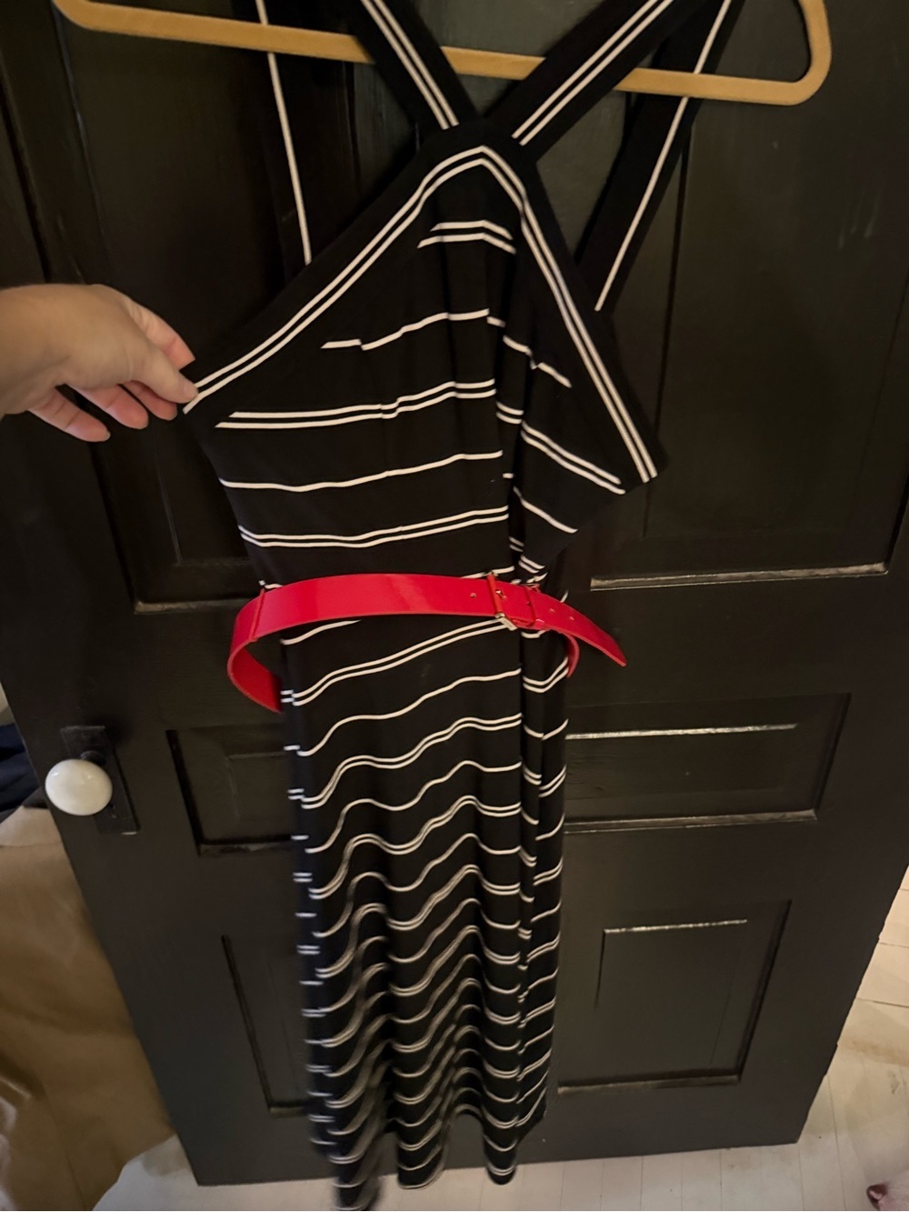 Tommy Hilfiger Black and White Striped Maxi Dress with Red Belt